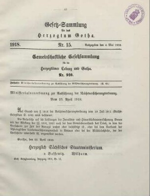 15. Ministerialverordnung zur Ausführung der Reichsversicherungsordnung. Vom 23. April 1918