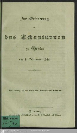 Zur Erinnerung an das Schauturnen zu Dresden am 4. September 1844