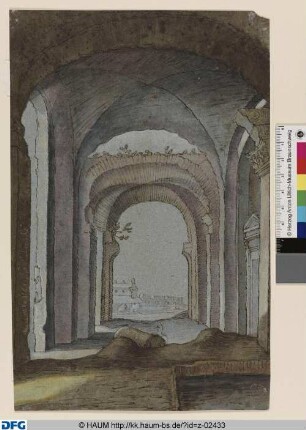 Durchblick durch einen Kirchenporticus ins Freie