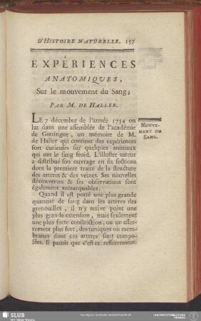 Expériences Anatomiques, Sur le mouvement du Sang; Par M. De Haller