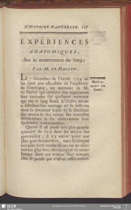 Expériences Anatomiques, Sur le mouvement du Sang; Par M. De Haller