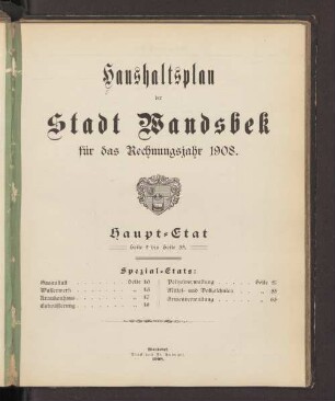 1908: Haushaltsplan der Stadt Wandsbek
