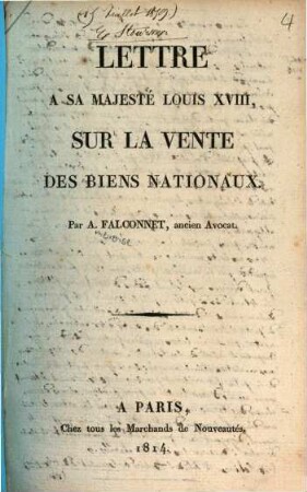 Lettre à Sa Majesté Louis XVIII, sur la vente des biens nationaux
