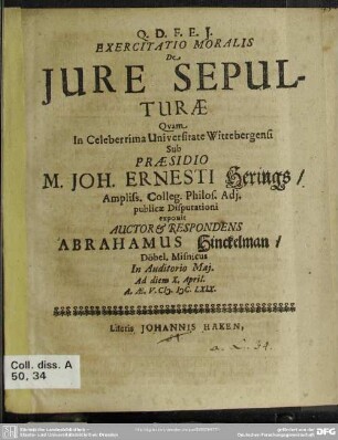 Exercitatio moralis de jure sepulturae