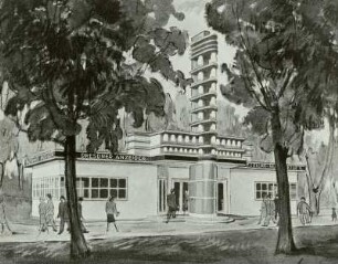 Dresden, Stübelplatz. Pavillon des Dresdner Anzeigers mit Glockenspielturm auf der Internationalen Hygiene-Ausstellung 1930. Aquarell