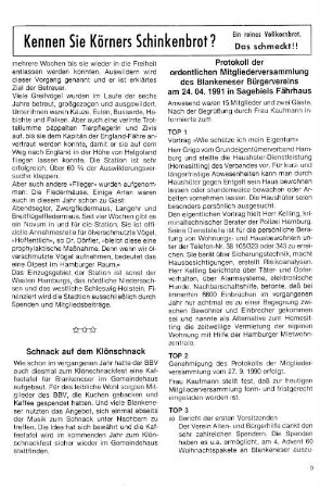 Protokoll der ordentlichen Mitgliederversammlung des Blankeneser Bürgervereins am 24. 04. 1991 in Sagebiels Fährhaus