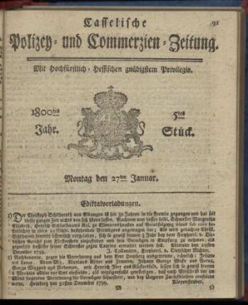 5tes Stueck, Montag den 27ten Januar 1800