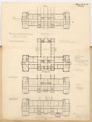 Kurhaus und Badeanlage, Hamm Monatskonkurrenz März 1882: Grundriss Keller, Erdgeschoss, 1. und 2. Obergeschoss; Maßstabsleiste