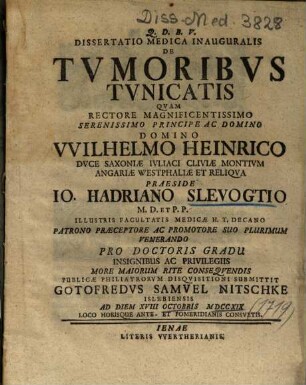 Dissertatio Medica Inauguralis De Tvmoribvs Tvnicatis