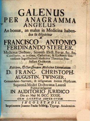 Galenus per anagramma angelus, an bonus, an malus in medicina habendus sit