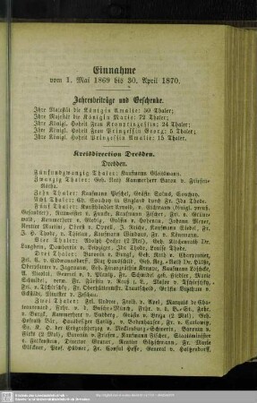 Einnahme vom 1. Mai 1869 bis 30.April 1870