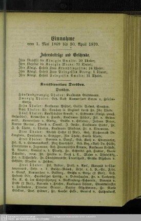 Einnahme vom 1. Mai 1869 bis 30.April 1870