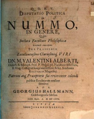 Disp. polit. de nummo in genere