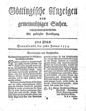 5tes Stück. Sonnabends, den 30sten Januar 1773.