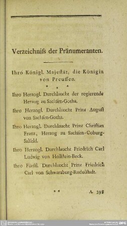 Verzeichniss der Pränumeranten