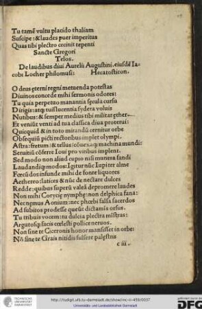 De laudibus divi Aurelii Augustini eiusdem Iacobi Locher Philomusi Hecatosticon.