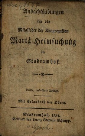 Andachtsübungen für die Mitglieder der Kongregation Mariä Heimsuchung in Stadtamhof