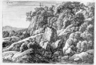 Tal mit baumbestandenen Felsen und Abgründen (vorn ein Wasserloch) - Blatt 4 einer Folge Gebirgslandschaften