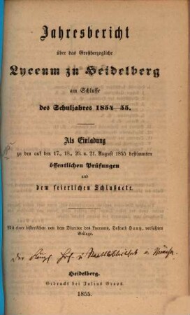 Jahresbericht über das Großh. Lyceum zu Heidelberg : am Schlusse d. Schuljahres ..., 1854/55