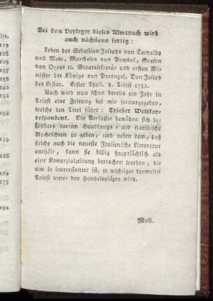 Bei dem Verleger dieses Almanach wird auch nächstens fertig.