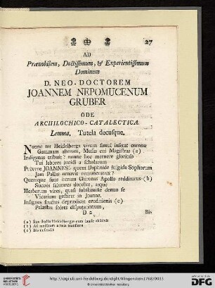 D. Neo - Doctorem Joannem Nepomucenum Gruber, Ode Archilochico - Catalectica: Lemma. Tutela decusque