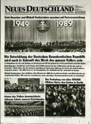 Tageszeitung "Neues Deutschland" zu den Feierlichkeiten anlässlich des 40. Jahrestages der DDR