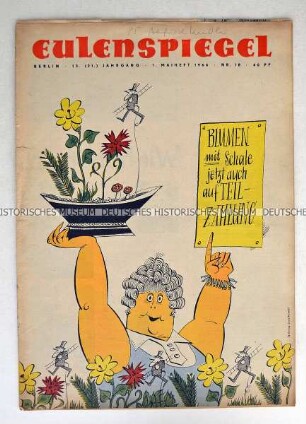 Satirezeitschrift "Eulenspiegel" mit Titelkarikatur zur Ratenzahlung auf Blumengestecke