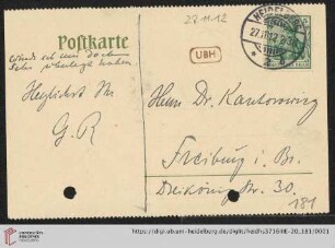 Karte von Gustav Radbruch an Hermann Kantorowicz