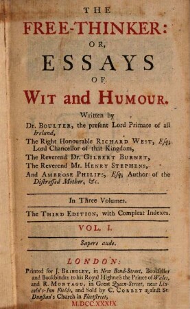 The free thinker or essays of wit and humour. 1. 1739