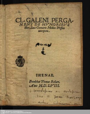 Cl. Galeni Pergameni De humoribus liber
