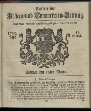 12. Stueck, Montag den 19ten Martii 1759