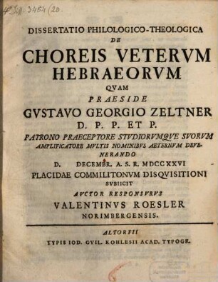 Dissertatio Philologico-Theologica De Choreis Veterum Hebraeorum