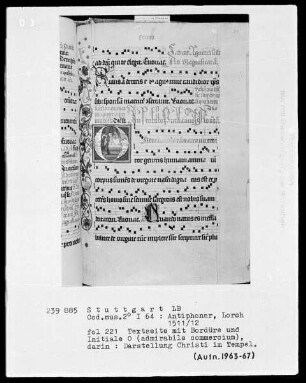 Antiphonarium (Benediktinerhandschrift) — Initiale O (admirabile commercium) mit einer Darstellung Christi im Tempel, Folio 221recto