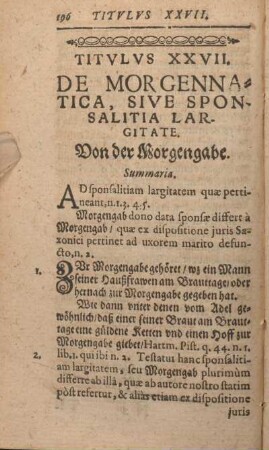 Titvlvs XXVII. De Morgennatica, Sive Sponsalitia Largitate. Von der Morgengabe.