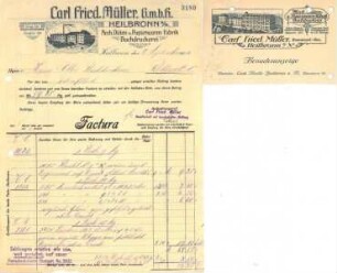 Rechnung bzw. Postkarte der Papierwarenfabrik Carl Fried. Müller GmbH mit Firmenansicht (Wollhausstraße 42)