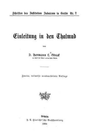 Einleitung in den Thalmud / von Hermann L. Strack