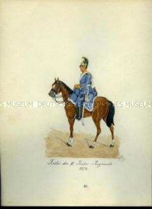 Uniformdarstellung, Reiter des 3. Reiter-regiments zu Pferd, 1854. Aus: Sammelmappe "Sachsens Militär", Königliche Arsenalsammlung.