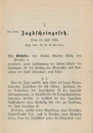 I. Jagdscheingesetz. Vom 31. Juli 1895.