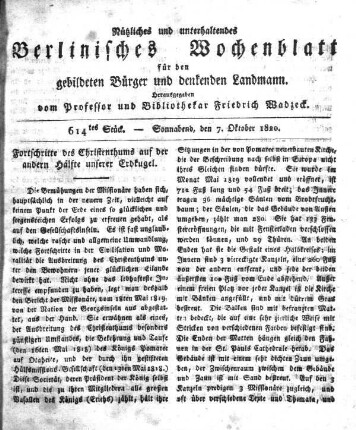 614tes Stueck, Sonnabend, den 7. Oktober 1820