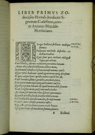 Liber Primus Zodiaci, seu Hortuli duodecim Signorum Cœlestium, autore Antonio Mizaldo Monluciano.