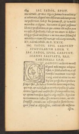 Iac. Sadoleti Epis. Carpent Epistolarum Liber V.