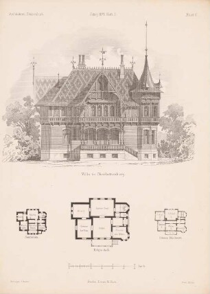 Villa, Berlin-Charlottenburg: Grundrisse, Vorderansicht (aus: Architektonisches Skizzenbuch, H. 112/1, 1872)