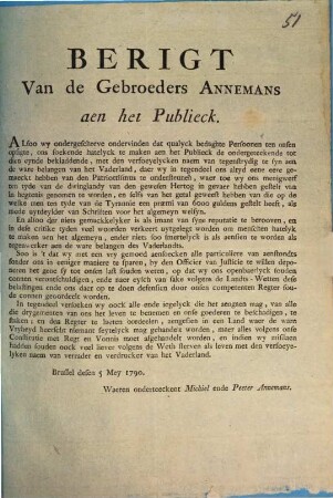 Berigt Van de Gebroeders Annemans aen het Publieck