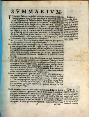 Sacra Congregatione Depvtata Salisburgen. Iuris Metropolitici. : Pro Celsissimo, & Reuerendiss. D. Archiepiscopo, & Principe Salisburgen. Summarium