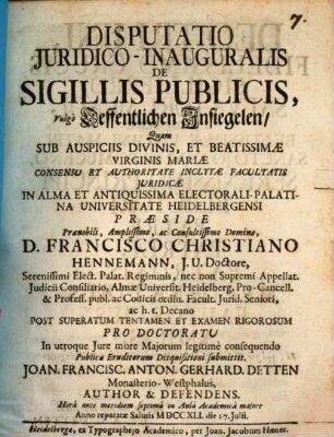 Disp. iur.-inaug. de sigillis publicis, Vulgo Oeffentlichen Insiegelen