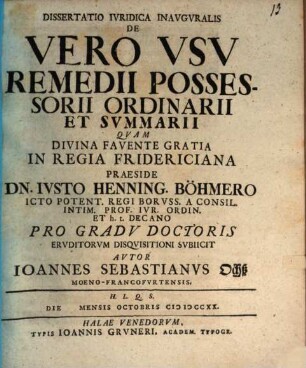 Dissertatio Ivridica Inavgvralis De Vero Vsv Remedii Possessorii Ordinarii Et Svmmarii