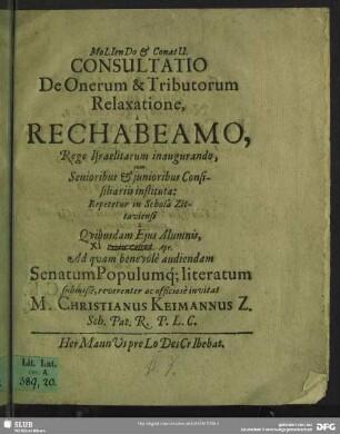 Consultatio de Onerum & Tributorum Relaxatione, a Rechabeamo ... instituta