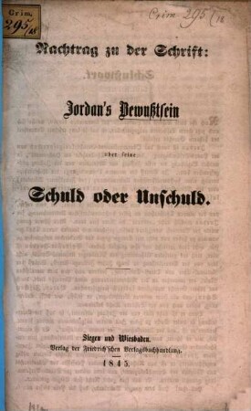 Nachtrag zu der Schrift: Jordan's Bewußtsein über seine Schuld oder Unschuld