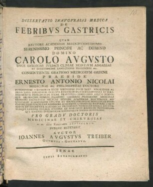 Dissertatio Inauguralis Medica De Febribus Gastricis