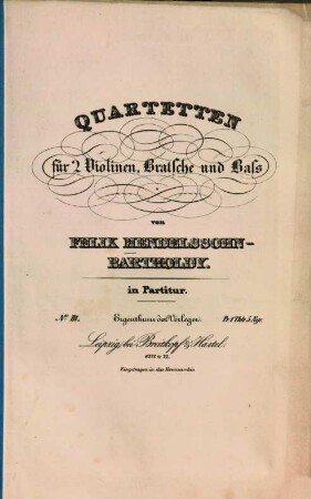 Quartetten : für 2 Violinen, Bratsche u. Baß, 3. op. 44,1. - Pl.Nr. 6371. - 44 S.